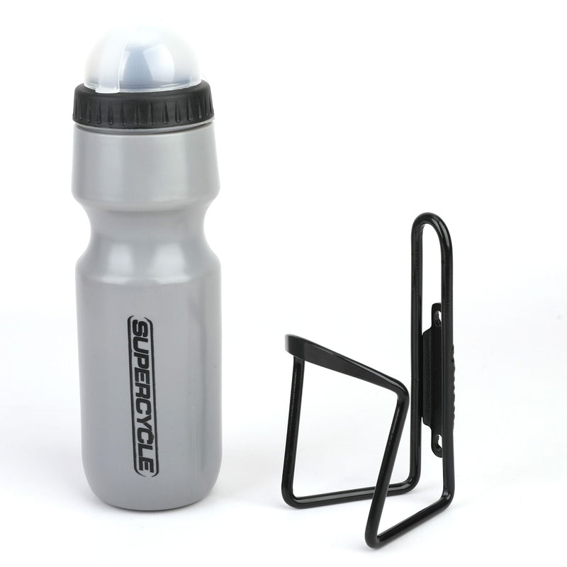Supercycle Wide Mouth Self-Sealing Bike Water Bottle withCage/Holder, BPA Free, Silver, 21-oz C3