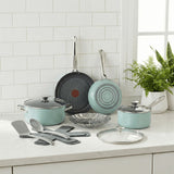 T-Fal Ceramic Inspire Non-Stick Cookware Set, Dishwasher & Oven Safe, Mint, 12-pc