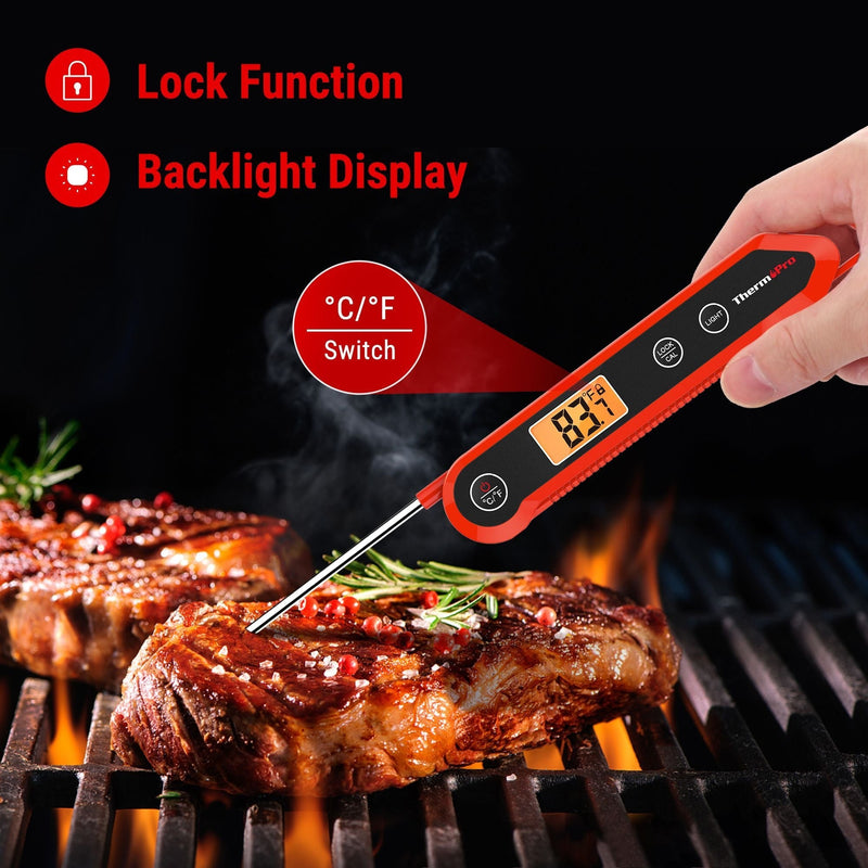 ThermoPro Waterproof Digital Instant-Read Folding Meat Thermometer with Swivel Probe, Black/Red F6