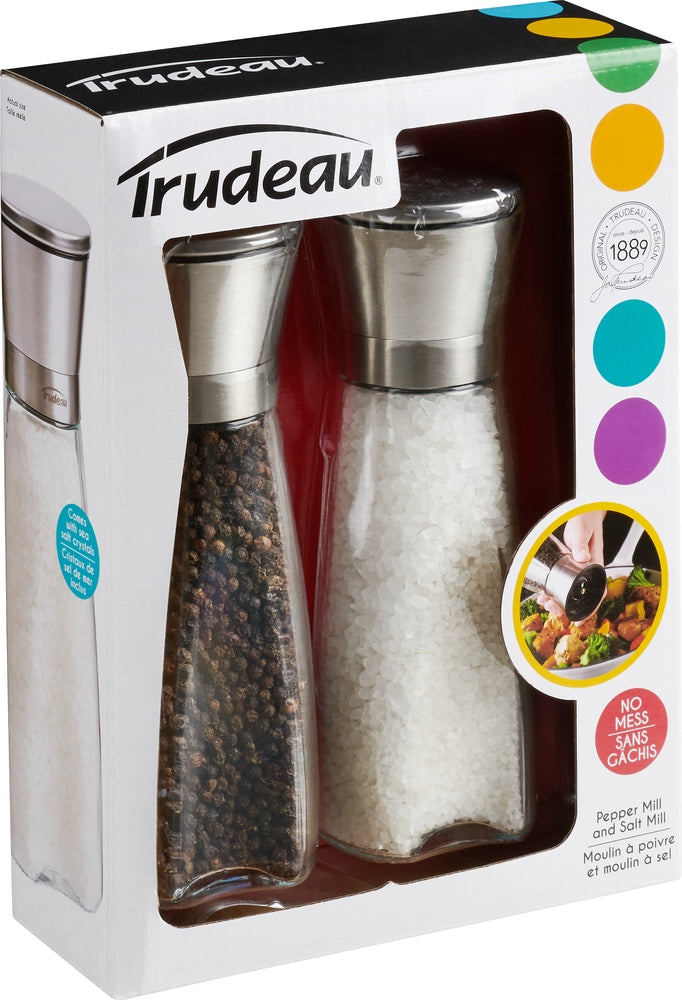 Trudeau Stainless Steel/Glass Salt & Pepper Grinder Mill Set, Pre-Filled, 8-in, 2-pc