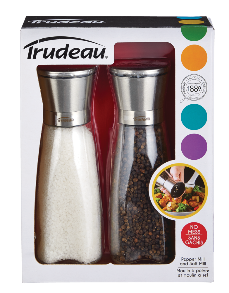 Trudeau Stainless Steel/Glass Salt & Pepper Grinder Mill Set, Pre-Filled, 8-in, 2-pc