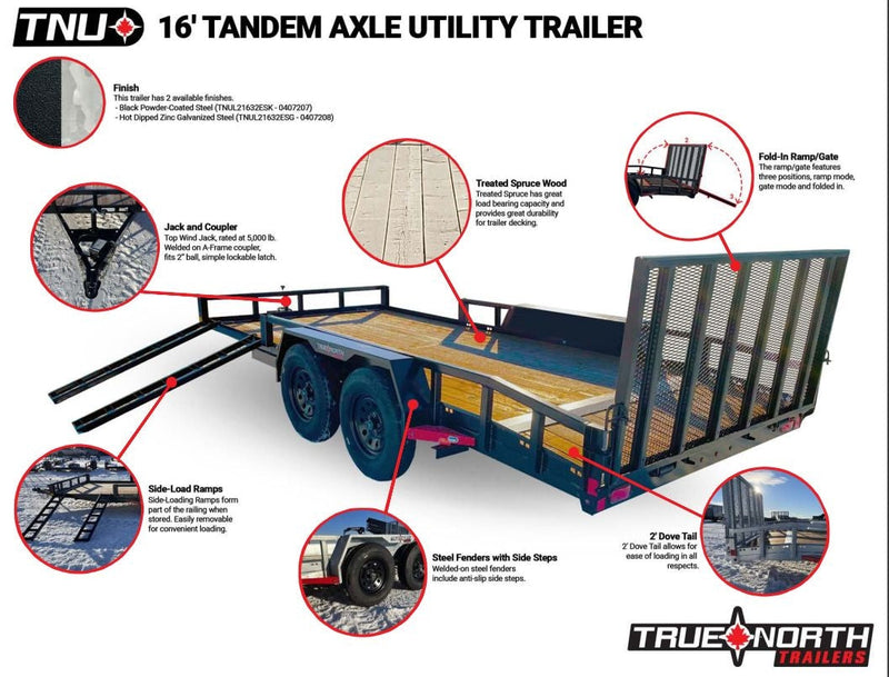 True North 83-in x 16-ft Tandem Axle Utility Trailer, Black K3