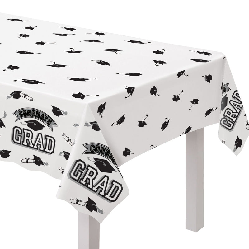 True to Your School "Congrats Grad" Rectangle Plastic Reusable Table Cover, Black/White, 54x84-in, for Graduation S8