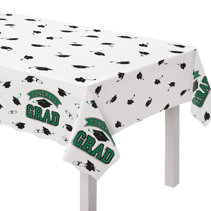 True to Your School "Congrats Grad" Rectangle Plastic Reusable Table Cover, Green, 54x84-in, for Graduation Y5