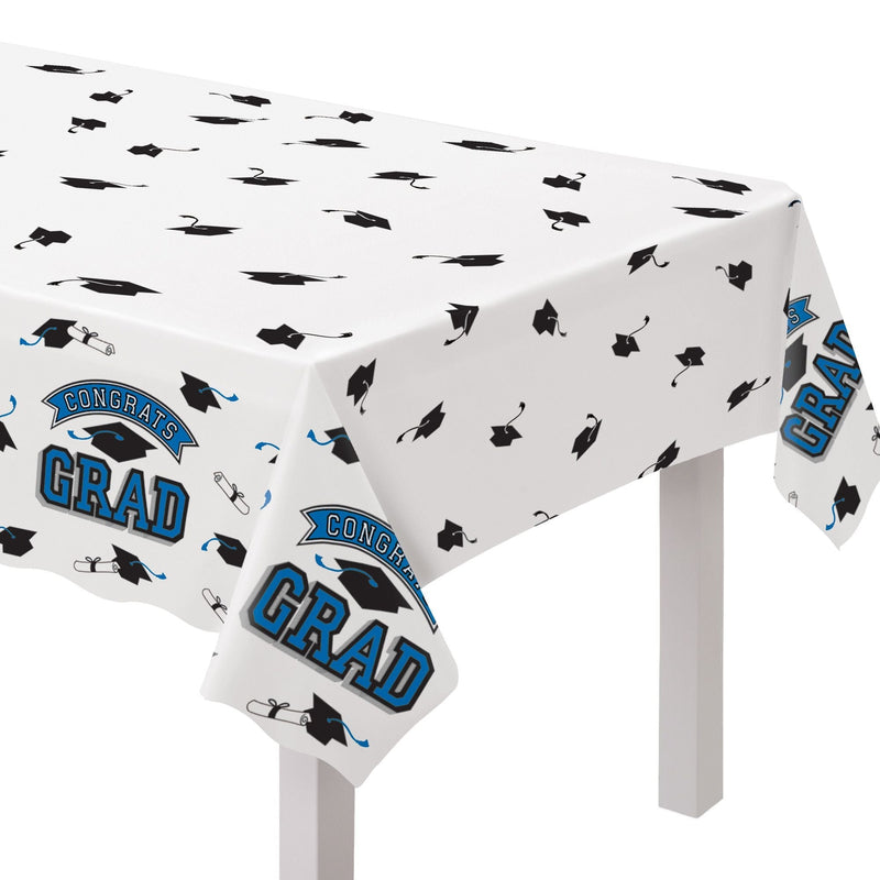 True to Your School "Congrats Grad" Rectangle Plastic Reusable Table Cover, Navy, 54x84-in, for Graduation B5