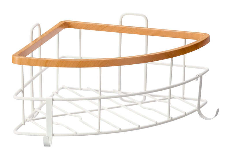 Type A Cubina Corner Wall Bin Shower Caddy with Hooks, White/Natural B8