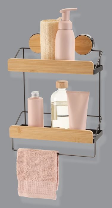 Type A Wall Mounted 2-Tier Shower Rack, Black/Bamboo S1