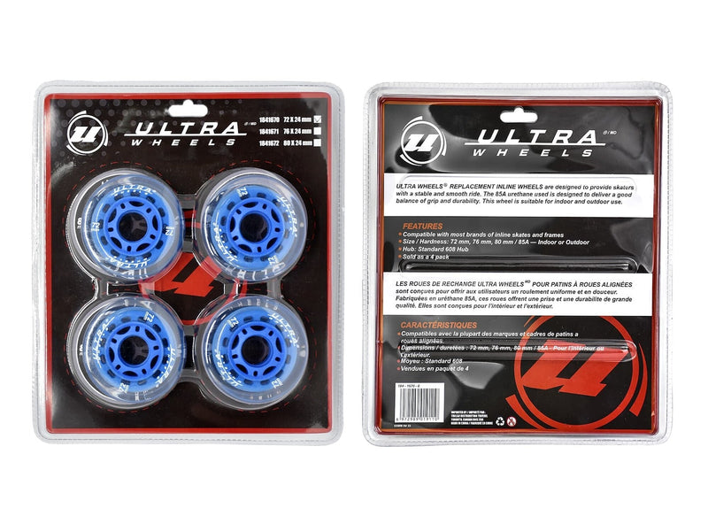 Ultra Wheels Inline Skates Replacement Wheels, Assorted Sizes, Blue, 4-pk J4