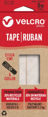 Velcro Durable Reusable Eco Tape, White, 5-lbs, 3-ft x 0.7-in