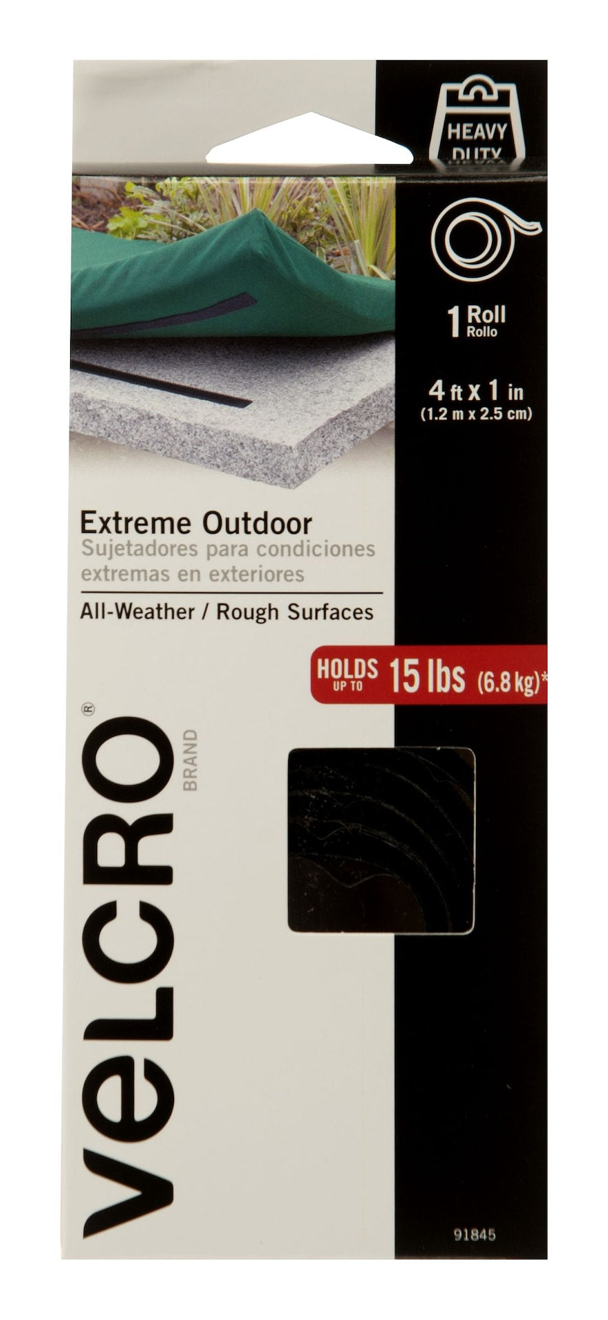 Velcro Industrial Strength Extreme Heavy Duty Tape, Black, 15-lbs, 4-ft x 1-in, 1-pk