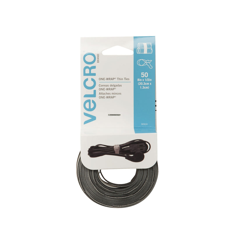Velcro Reusable Thin Nylon Cable & Wire Ties, Black/Grey, 8 x 1/2-in, 50-pk H2