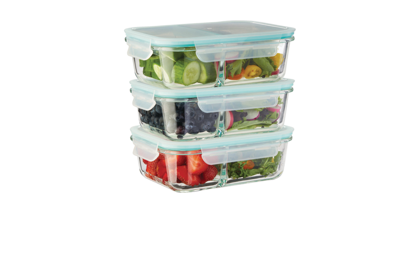 Vida by PADERNO Glass Clip Food Storage Container Set with Compartments and Leakproof Lids, 3 Count B7