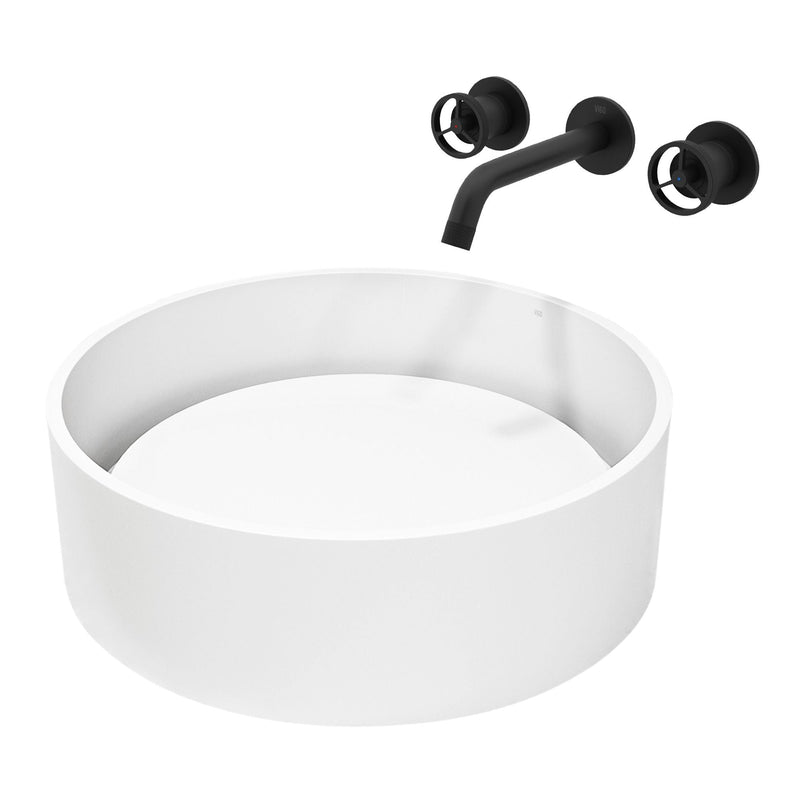 VIGO Anvil MatteStone Round White Composite Bathroom Sink/Basin Set with Cass Wall Mount Faucet and Pop-Up Drain H8
