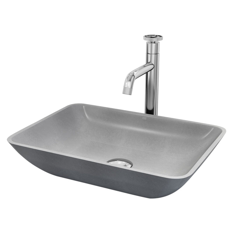 VIGO Duomo Gothic ConcretoStone Grey Bathroom Sink/Basin Set with Cass Faucet and Rectangular Vessel J9