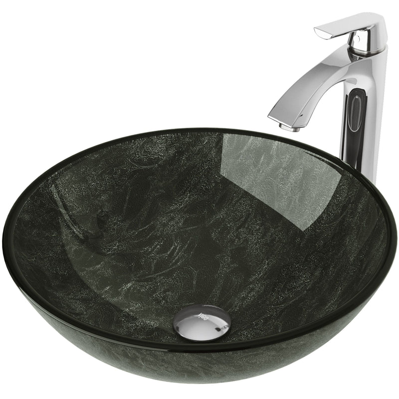 VIGO Glass Grey Onyx Bathroom Sink/Basin Set with Linus Faucet and Round Vessel K2