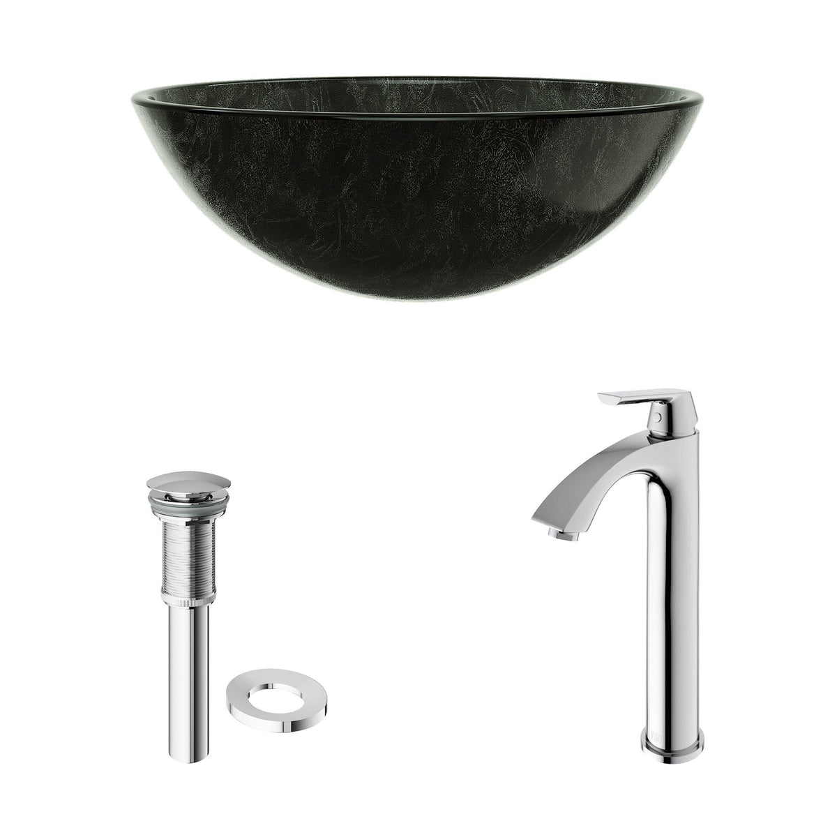 VIGO Glass Grey Onyx Bathroom Sink/Basin Set with Linus Faucet and Round Vessel