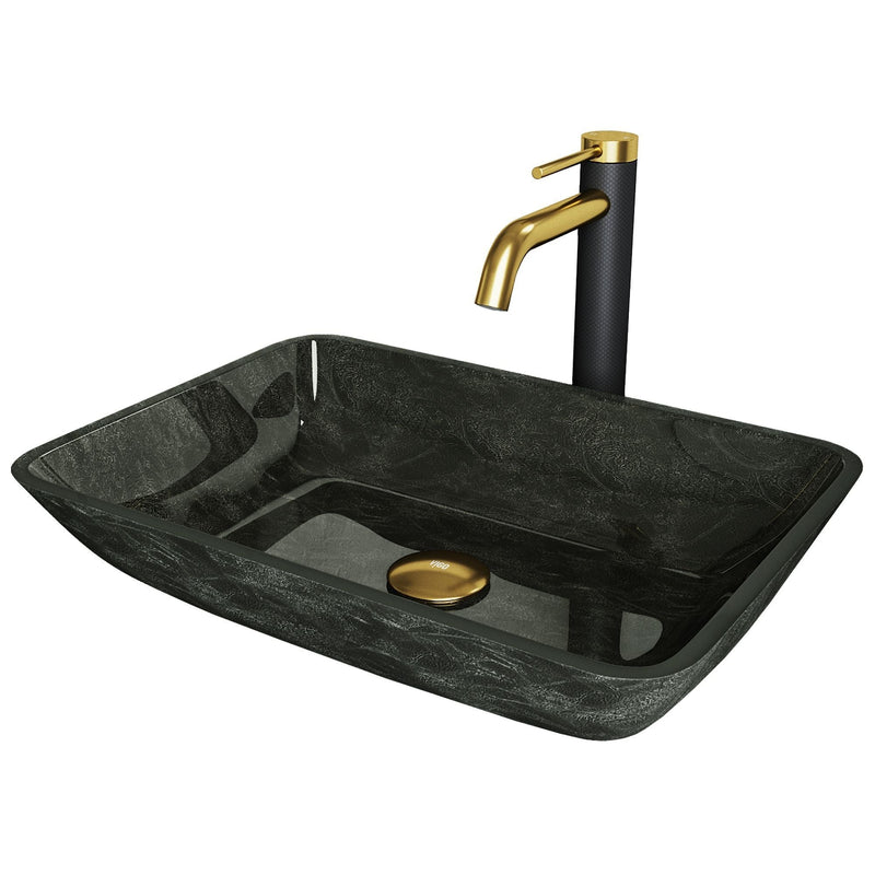 VIGO Glass Grey Onyx Bathroom Sink/Basin Set with Matte Gold Lexington Faucet and Rectangular Vessel P5