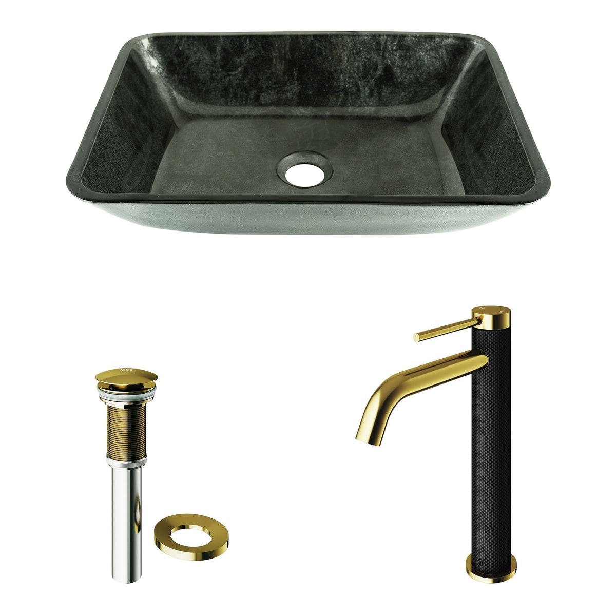 VIGO Glass Grey Onyx Bathroom Sink/Basin Set with Matte Gold Lexington Faucet and Rectangular Vessel
