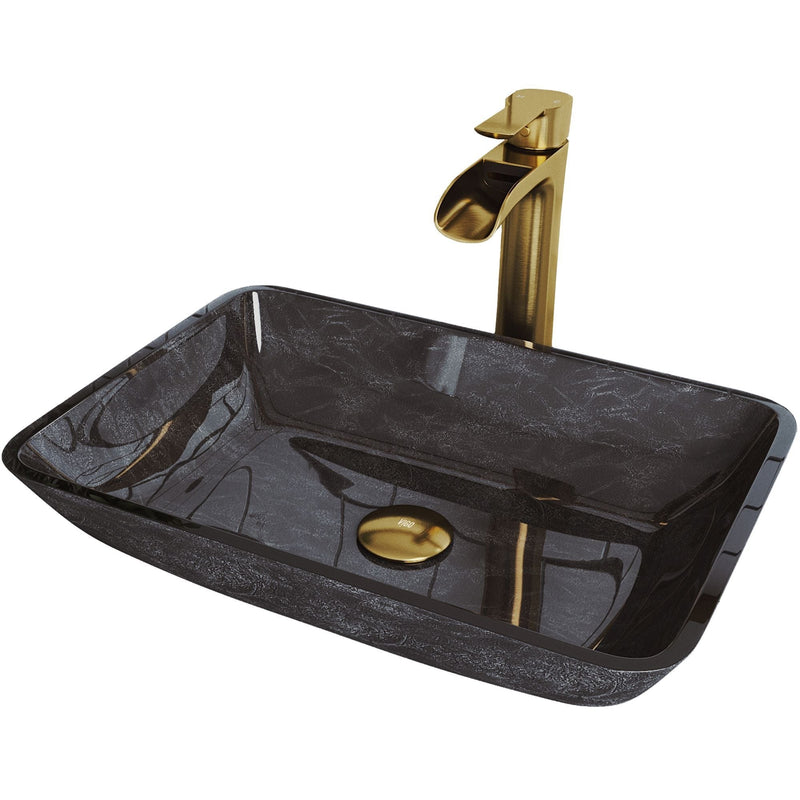 VIGO Glass Grey Onyx Bathroom Sink/Basin Set with Matte Gold Niko Faucet and Rectangular Vessel T4