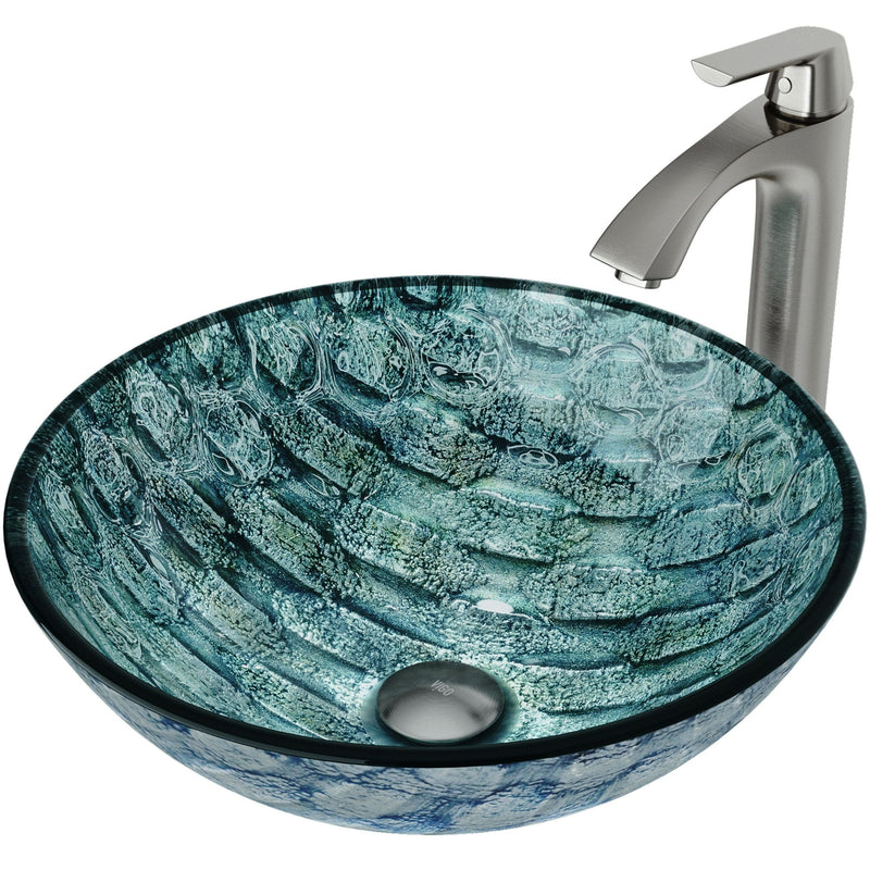 VIGO Glass Oceania Blue Bathroom Sink/Basin Set with Linus Faucet and Round Vessel W5