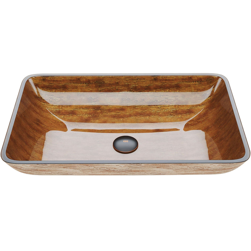VIGO Glass Rectangular Vessel Bathroom Sink/Basin with Rounded Edges & Deep Bowl, Amber Sunset Y3