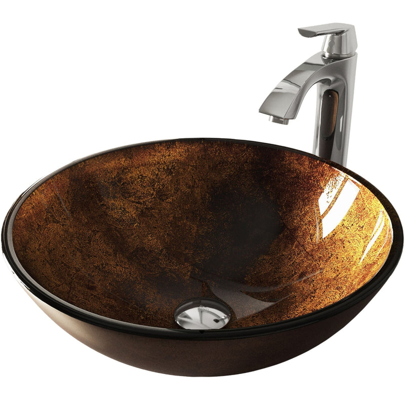VIGO Glass Russet Brown Bathroom Sink/Basin Set with Linus Faucet and Round Vessel J4