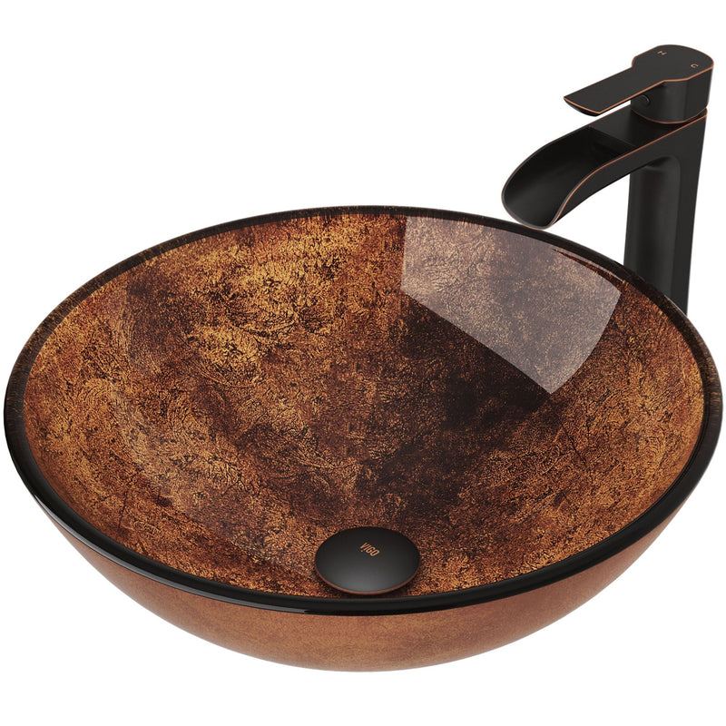 VIGO Glass Russet Brown Bathroom Sink/Basin Set with Niko Faucet and Round Vessel C8