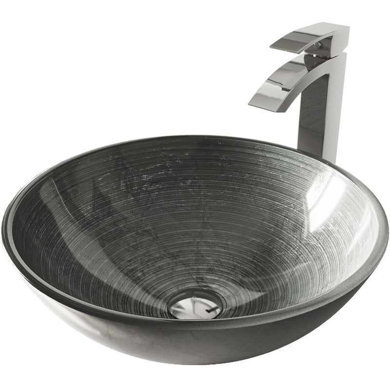VIGO Glass Simply Silver Bathroom Sink/Basin Set with Chrome Duris Faucet and Round Vessel Y2
