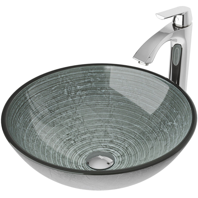 VIGO Glass Simply Silver Bathroom Sink/Basin Set with Linus Faucet and Round Vessel S3