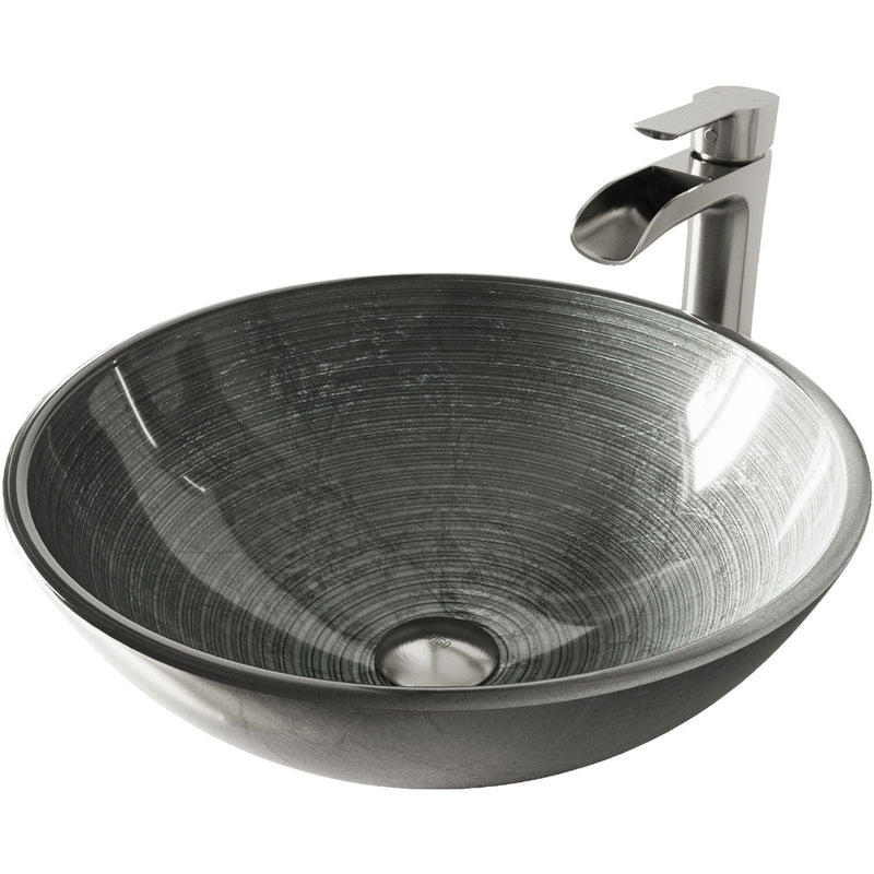 VIGO Glass Simply Silver Bathroom Sink/Basin Set with Niko Faucet and Round Vessel S2