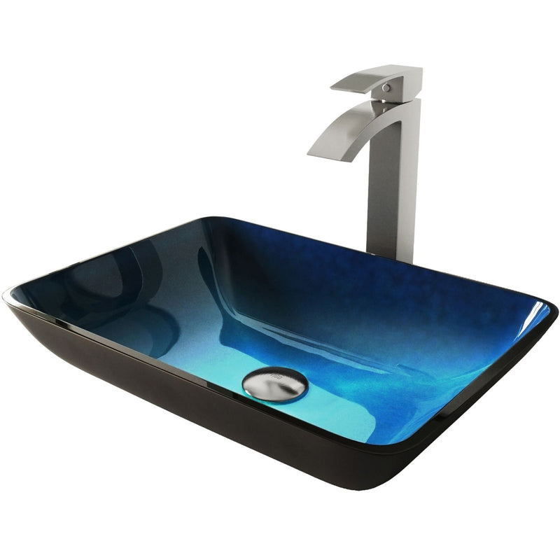 VIGO Glass Turquoise Water Bathroom Sink/Basin Set with Duris Faucet and Rectangular Vessel P8