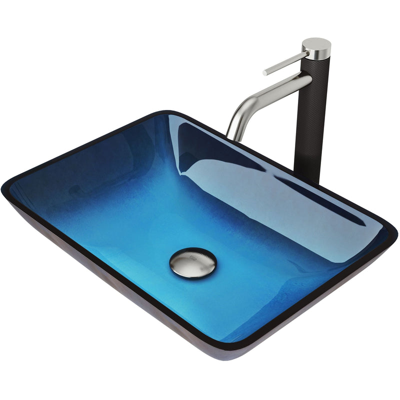 VIGO Glass Turquoise Water Bathroom Sink/Basin Set with Lexington Faucet and Rectangular Vessel S6