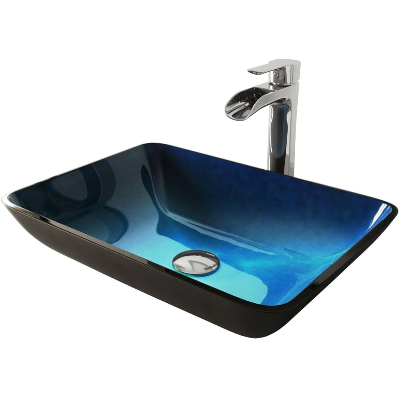 VIGO Glass Turquoise Water Bathroom Sink/Basin Set with Niko Faucet and Rectangular Vessel Z6