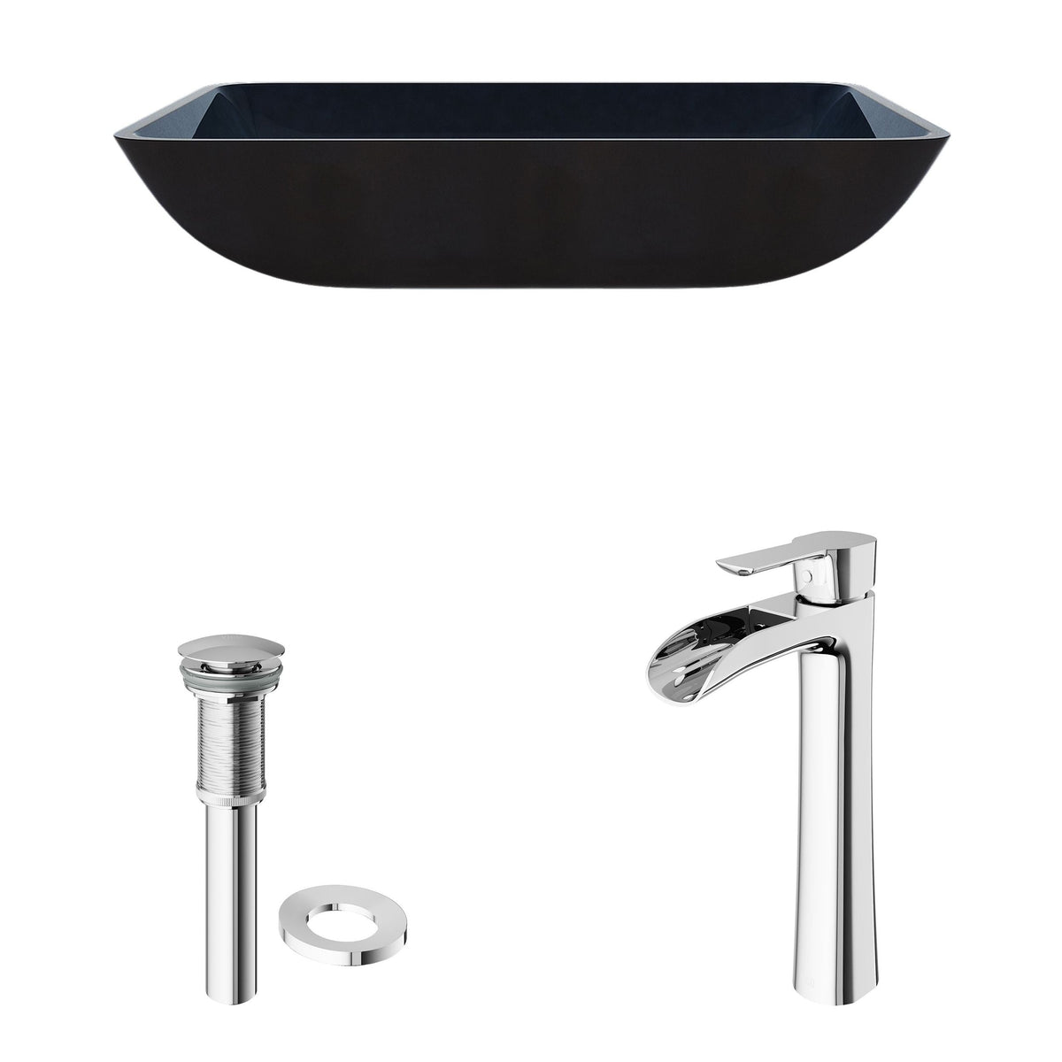 VIGO Glass Turquoise Water Bathroom Sink/Basin Set with Niko Faucet and Rectangular Vessel