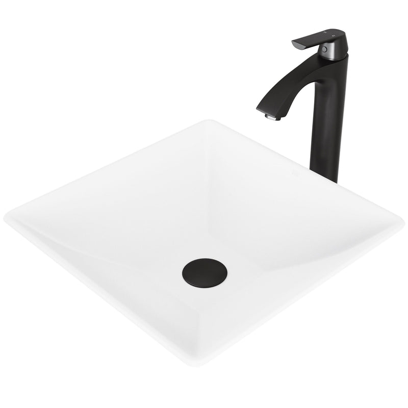 VIGO Hibiscus MatteStone White Bathroom Sink/Basin Set with Linus Faucet and Square Composite Vessel B0