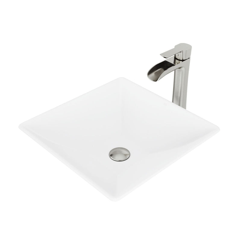 VIGO Hibiscus MatteStone White Bathroom Sink/Basin Set with Niko Faucet and Square Composite Vessel O4