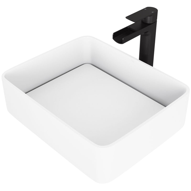 VIGO Jasmine MatteStone White Bathroom Sink/Basin Set with Amada Faucet and Rectangular Composite Vessel A7