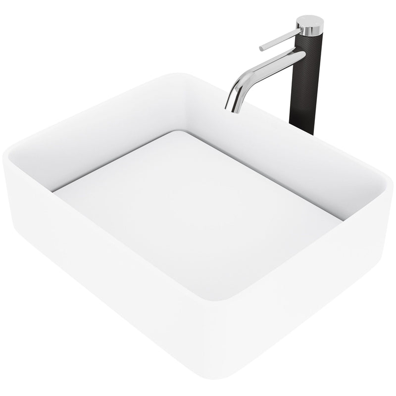 VIGO Jasmine MatteStone White Bathroom Sink/Basin Set with Lexington Faucet and Rectangular Composite Vessel J3