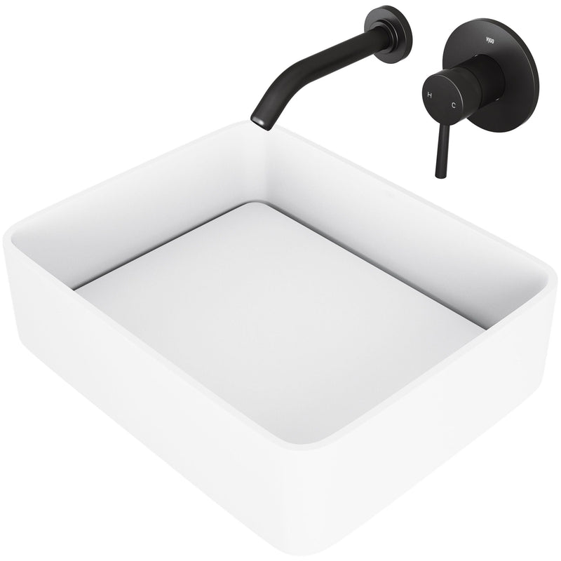 VIGO Jasmine MatteStone White Bathroom Sink/Basin Set with Olus Wall Mount Faucet and Rectangular Composite Vessel H3