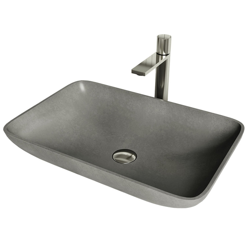 VIGO Lorca ConcretoStone Grey Bathroom Sink/Basin Set with Gotham Faucet and Rectangular Vessel O7