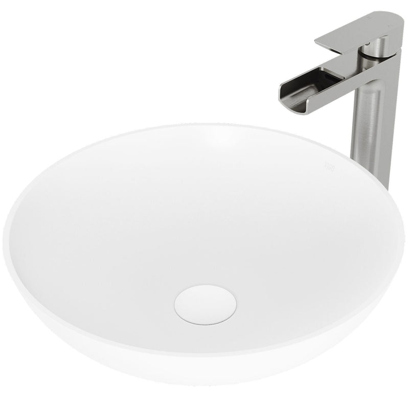 VIGO Lotus MatteStone Round White Composite Bathroom Sink/Basin Set with Amada Faucet and Pop-Up Drain M9