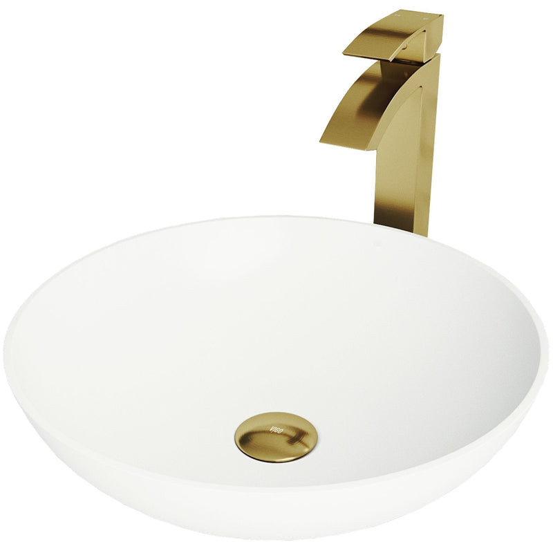 VIGO Lotus MatteStone Round White Composite Bathroom Sink/Basin Set with Duris Faucet and Pop-Up Drain D8