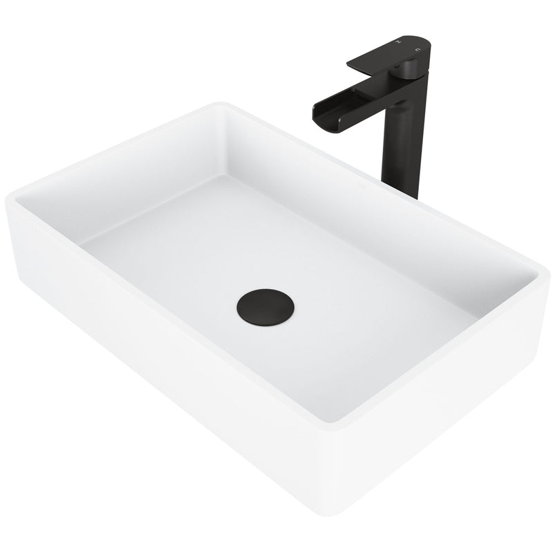 VIGO Magnolia MatteStone White Bathroom Sink/Basin Set with Amada Faucet and Rectangular Composite Vessel U6