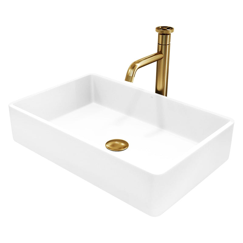 VIGO Magnolia MatteStone White Bathroom Sink/Basin Set with Cass Faucet and Rectangular Composite Vessel Q4