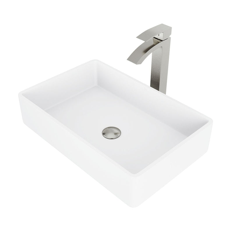 VIGO Magnolia MatteStone White Bathroom Sink/Basin Set with Duris Faucet and Rectangular Composite Vessel Y5