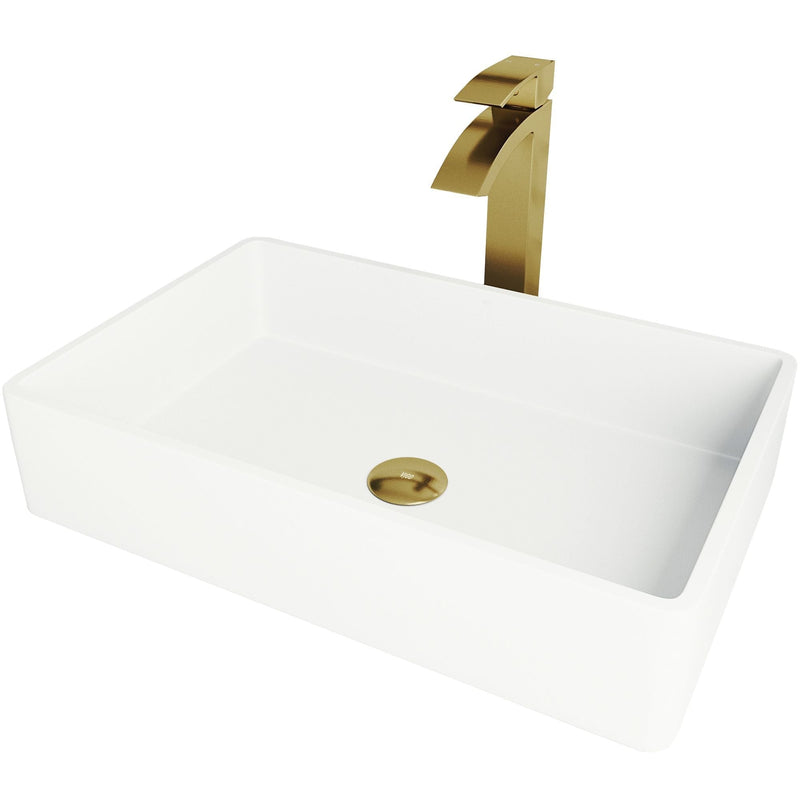 VIGO Magnolia MatteStone White Bathroom Sink/Basin Set with Matte Gold Duris Faucet and Rectangular Composite Vessel A8