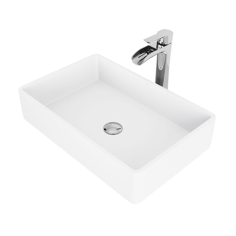 VIGO Magnolia MatteStone White Bathroom Sink/Basin Set with Niko Faucet and Rectangular Composite Vessel R6