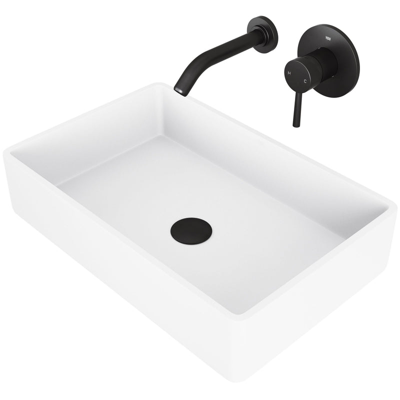 VIGO Magnolia MatteStone White Bathroom Sink/Basin Set with Olus Wall Mount Faucet and Rectangular Composite Vessel R4