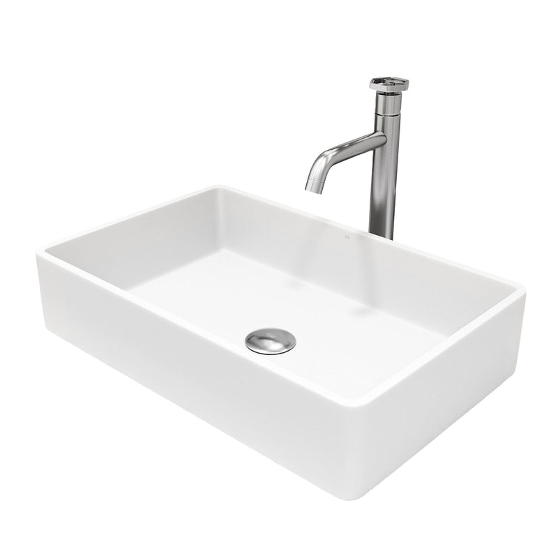 VIGO Magnolia MatteStone White Bathroom Sink/Basin Set with Ruxton Faucet and Rectangular Composite Vessel Q4