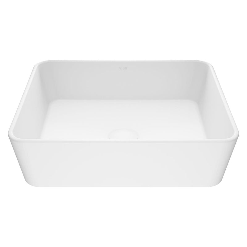 VIGO Marigold Matte Stone Rectangular Composite Vessel Bathroom Sink/Basin with Rounded Edges & Deep Bowl, White G1